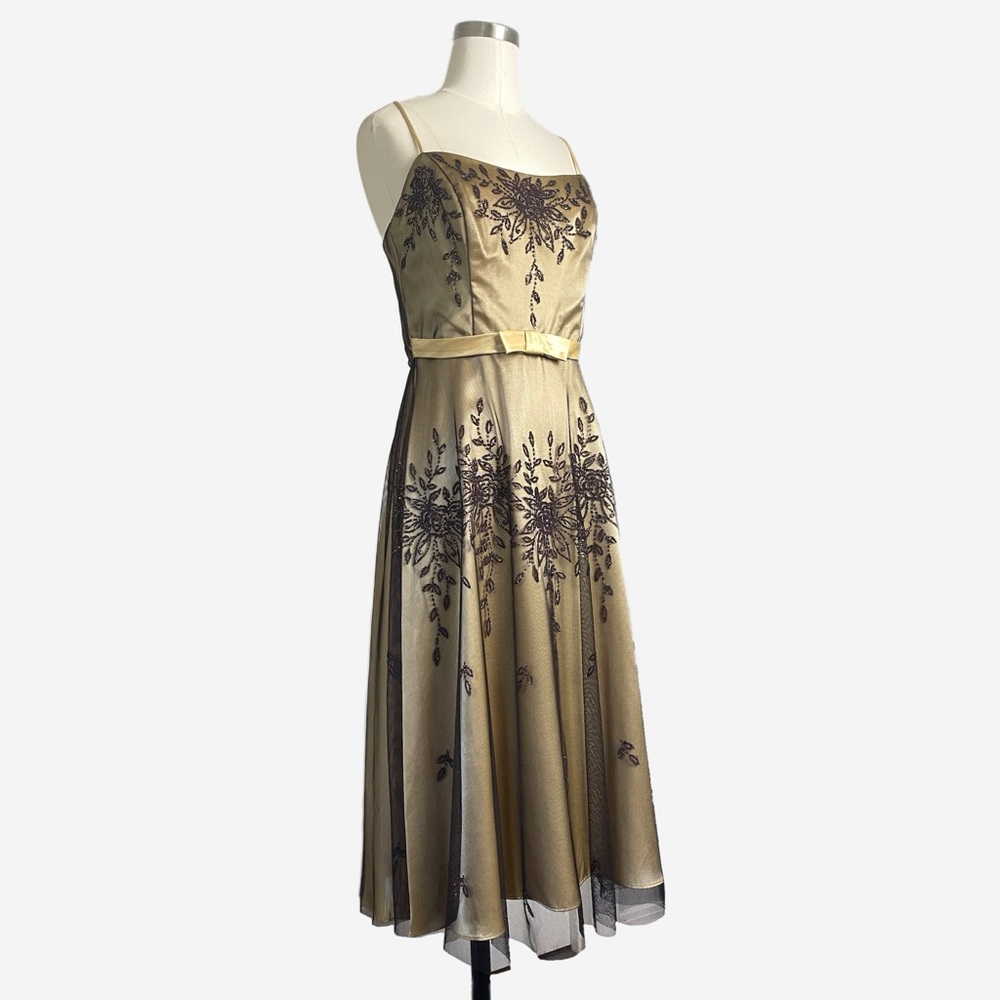 Vintage Y2K Dollar Gold satin dress mesh overlay beaded floral bow cocktail M - Picture 2 of 11